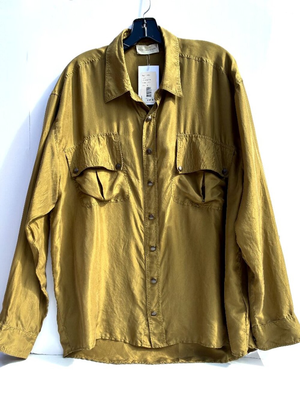 Women’s Faith Connexion Paris 100% Silk Snap Blouse, Olive Large NWT